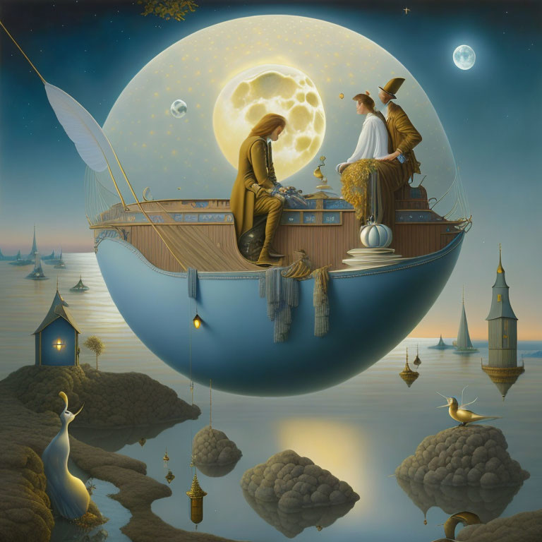 Surreal painting: Two individuals on a sky boat with moons and flying boats