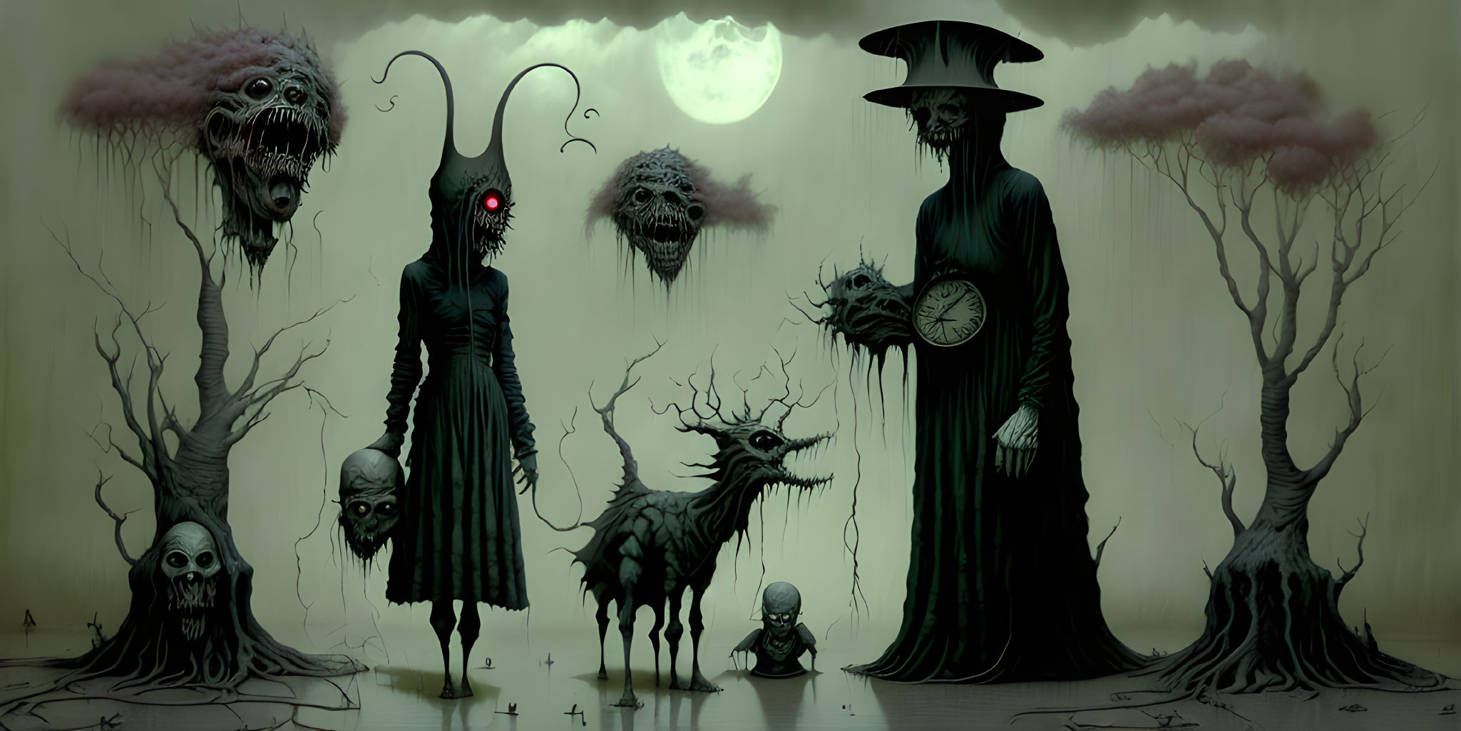 Fantasy scene with eerie figures, cloaked being, twisted trees, floating heads, moonlit background