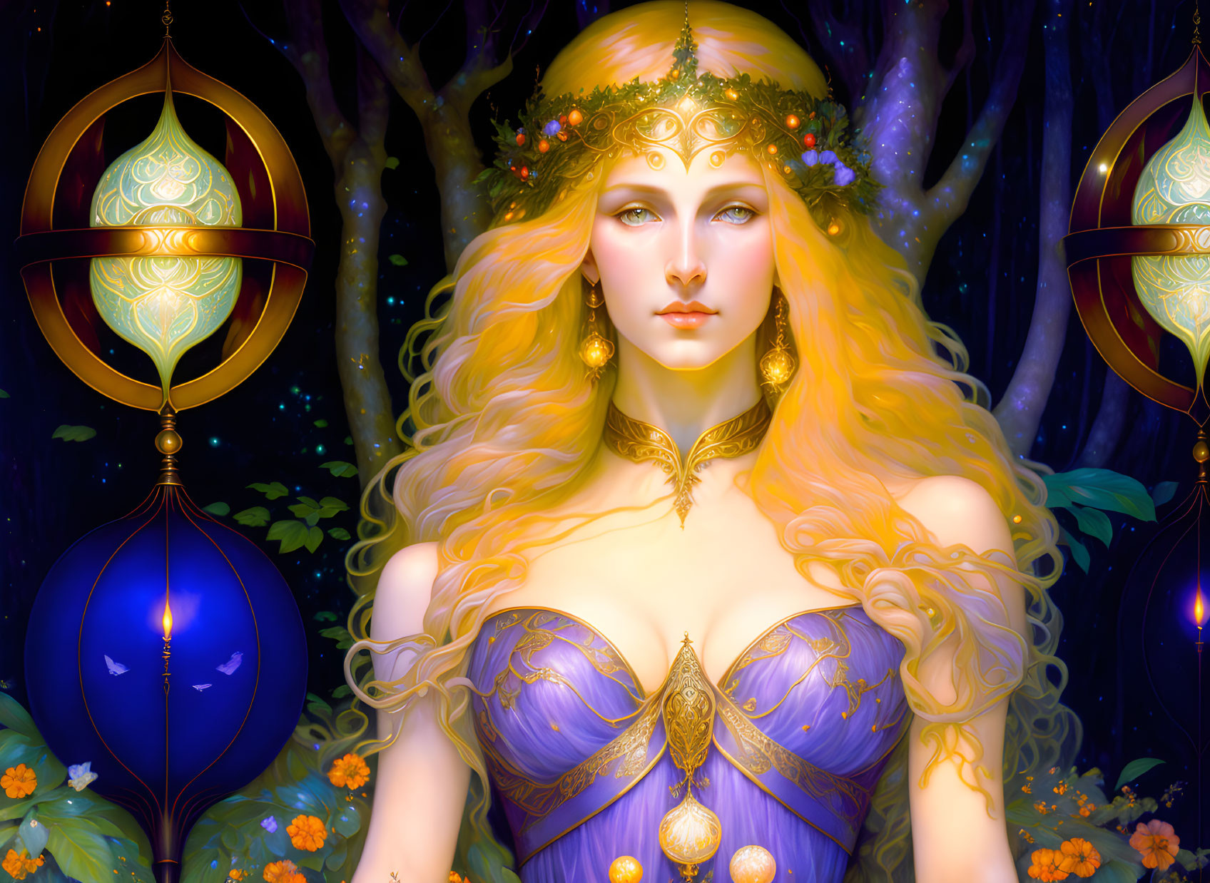 Golden-haired woman in regal purple gown in mystical forest