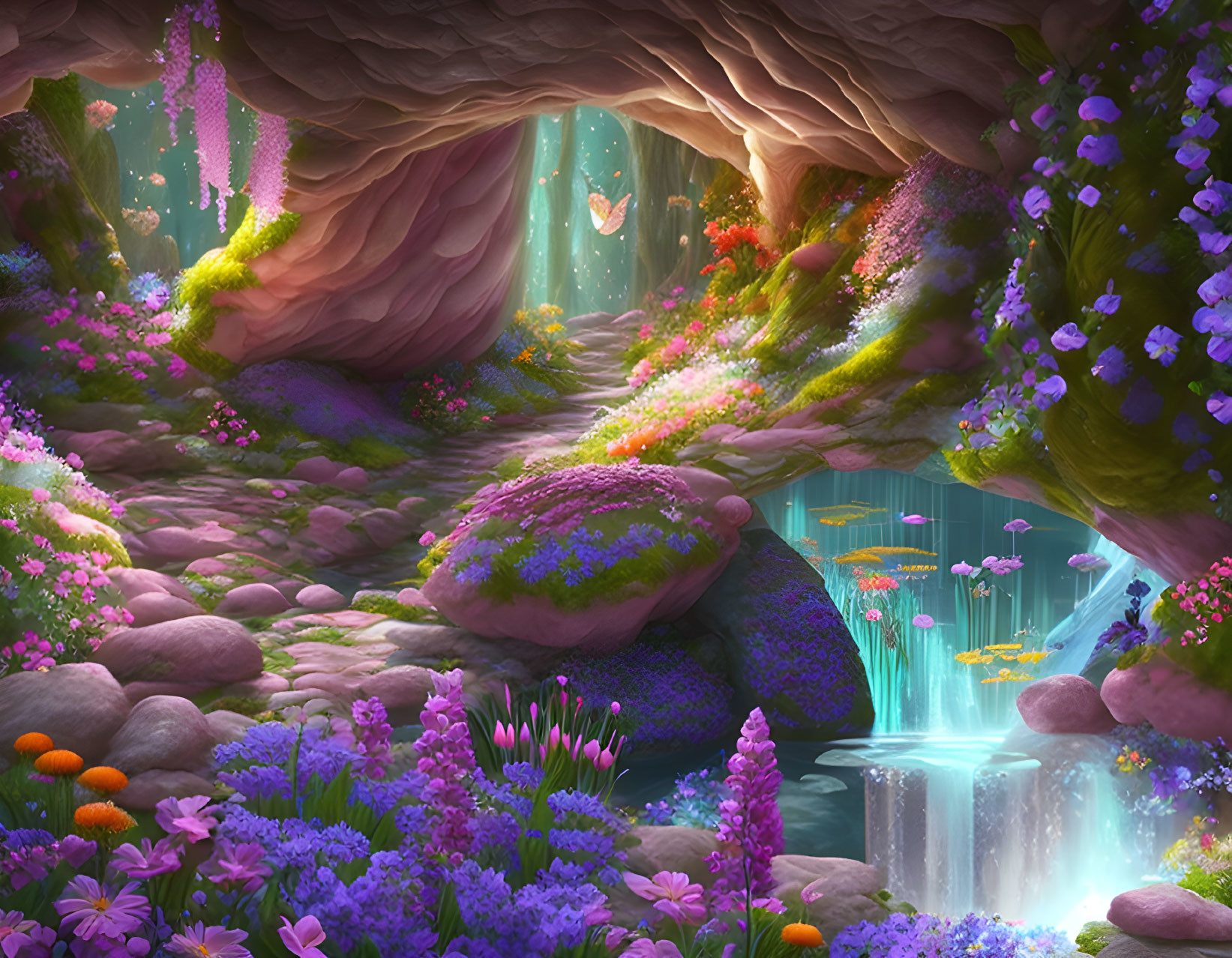 Enchanting cave with flowers, waterfall, and glowing butterflies