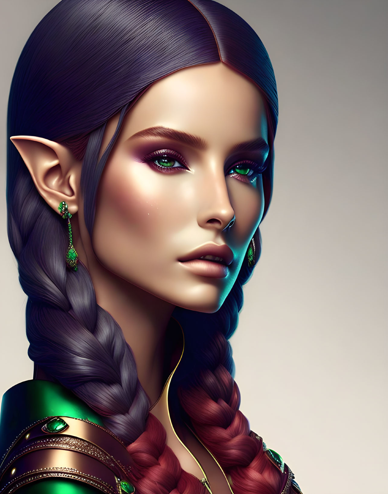 Fantasy elf digital art: female with pointy ears, braided hair, green jewels