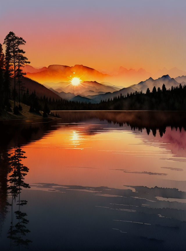 Sunrise over Tranquil Lake with Reflected Orange and Purple Hues