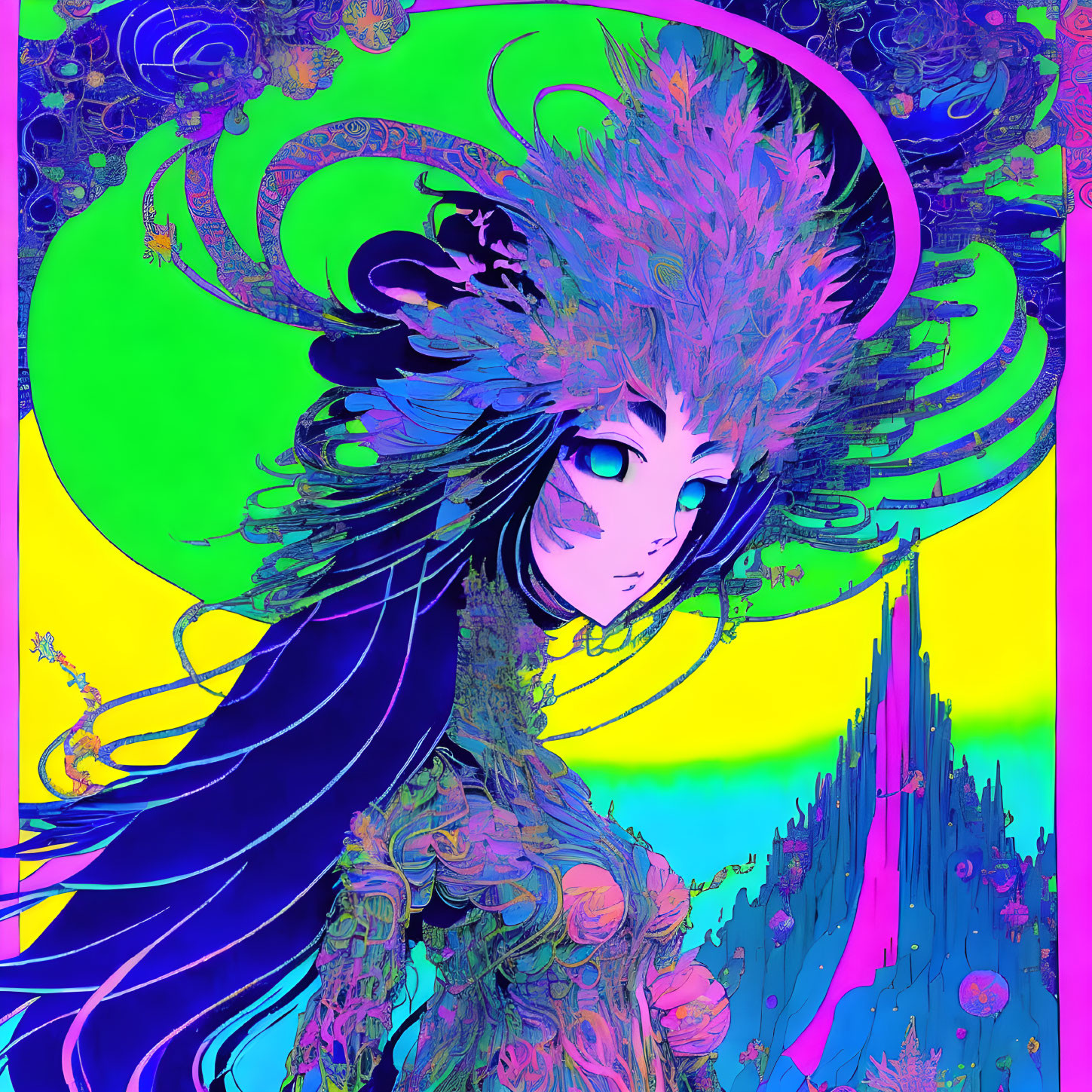 Colorful digital artwork of stylized character with feather-like headdress in abstract design.