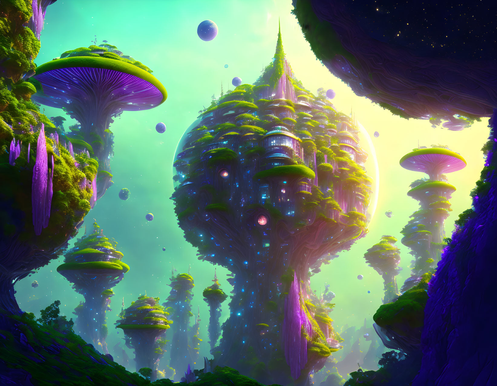 Alien landscape with towering mushroom-like structures under starry sky