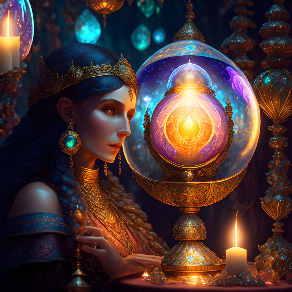 Mystical woman with glowing orb and ornate lanterns in ambient light