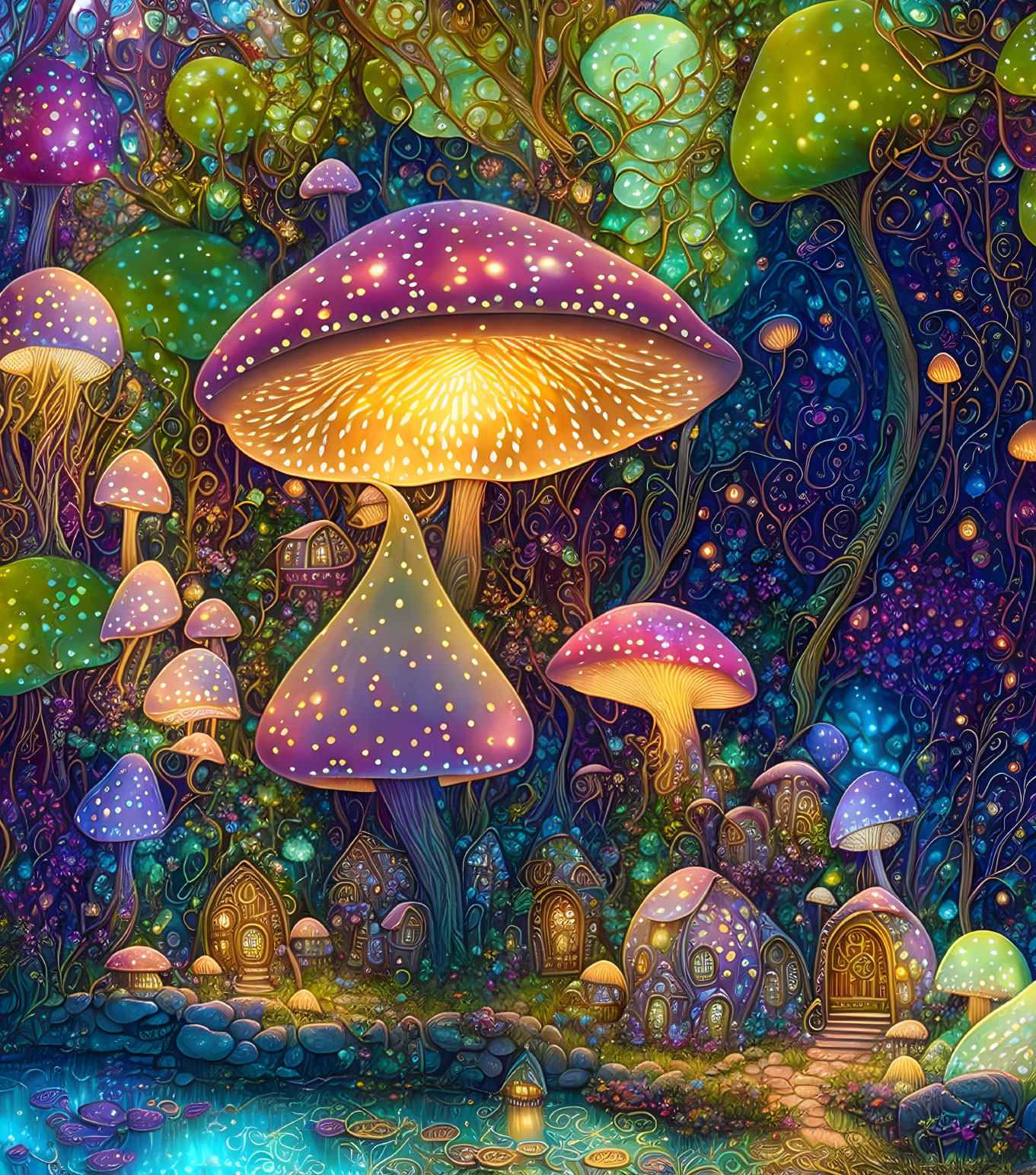 Colorful Enchanted Mushroom Forest Illustration