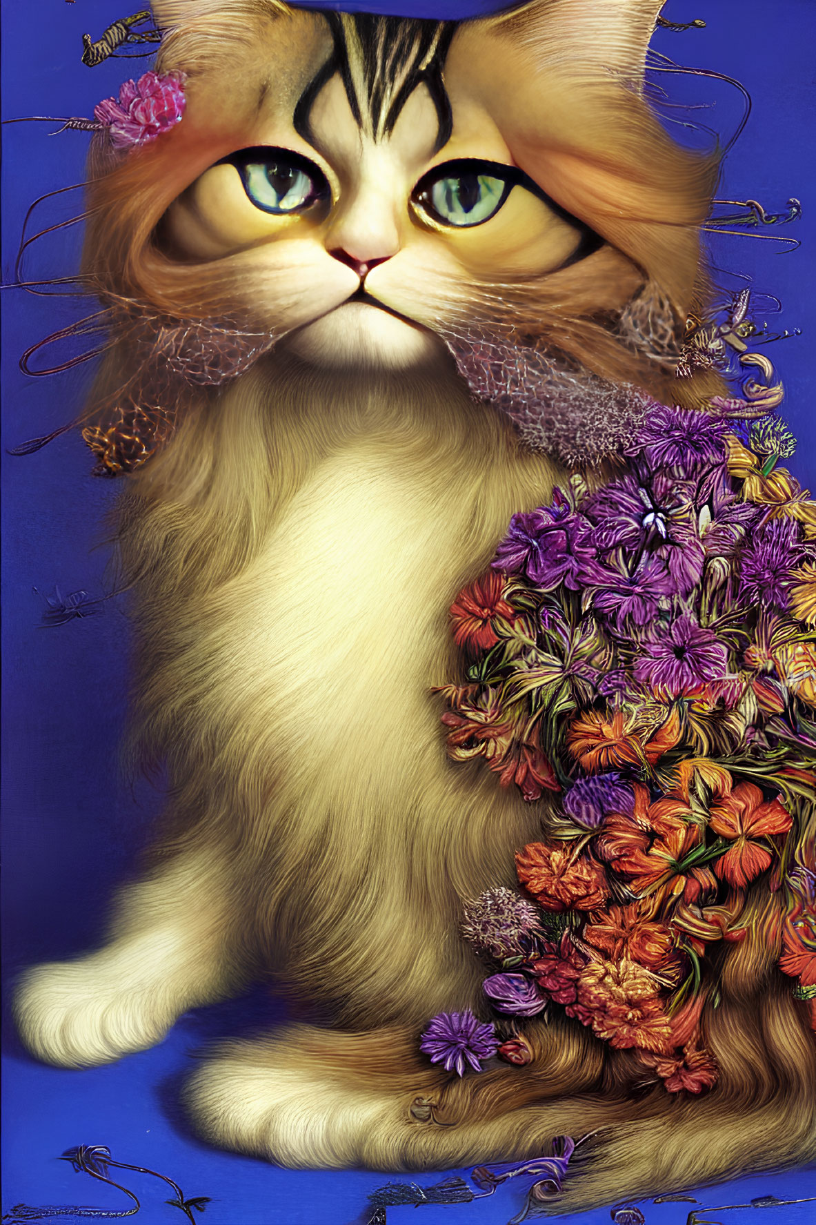 Fluffy cat with human-like eyes and floral headdress on blue background