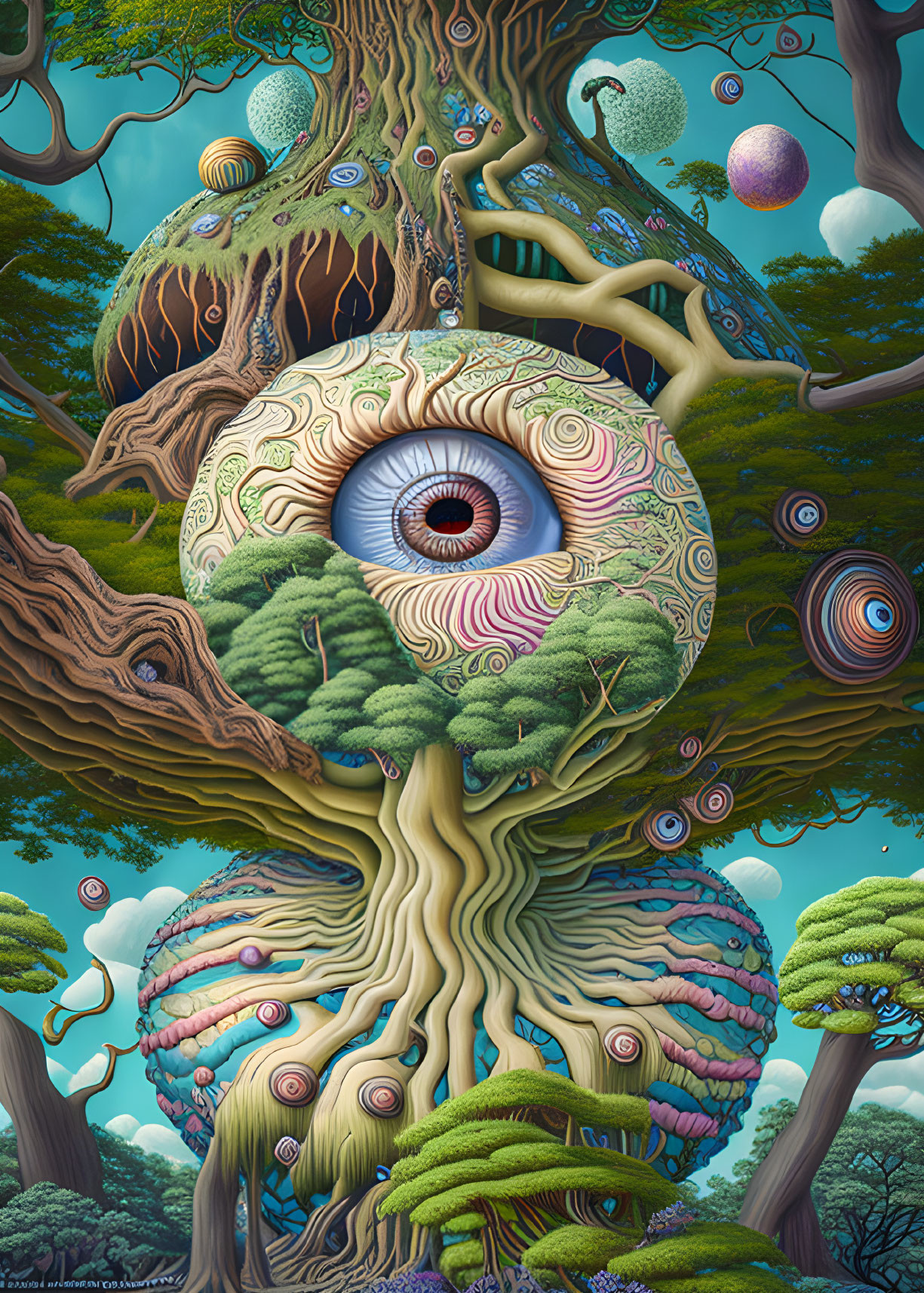 Surreal artwork: giant tree with eye, brain-like roots, abstract spheres