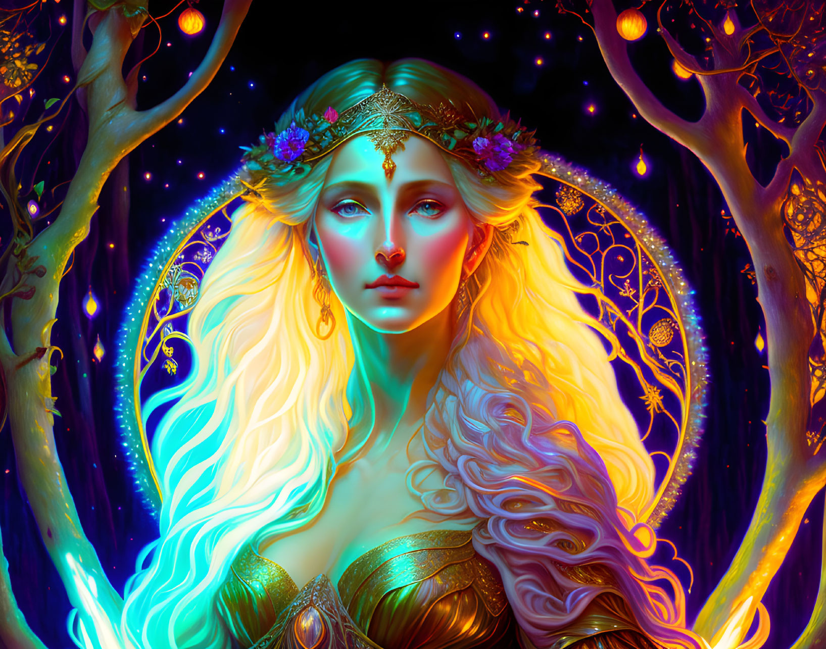 Woman with glowing hair and floral crown in mystical forest under starry sky