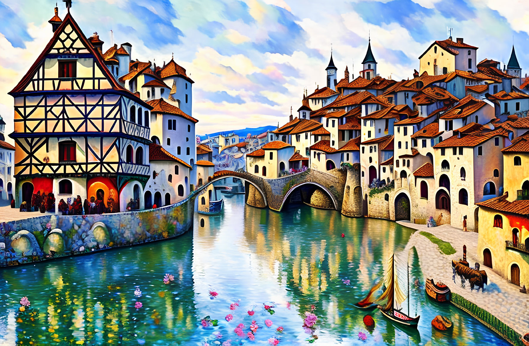 Vibrant painting of old European village with river, bridge, boats, and flowers