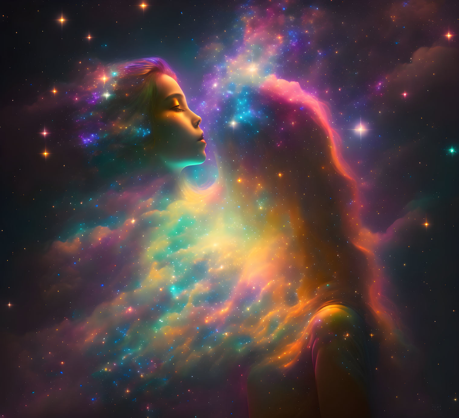 Vibrant cosmic nebula blending with woman's profile in surreal portrait