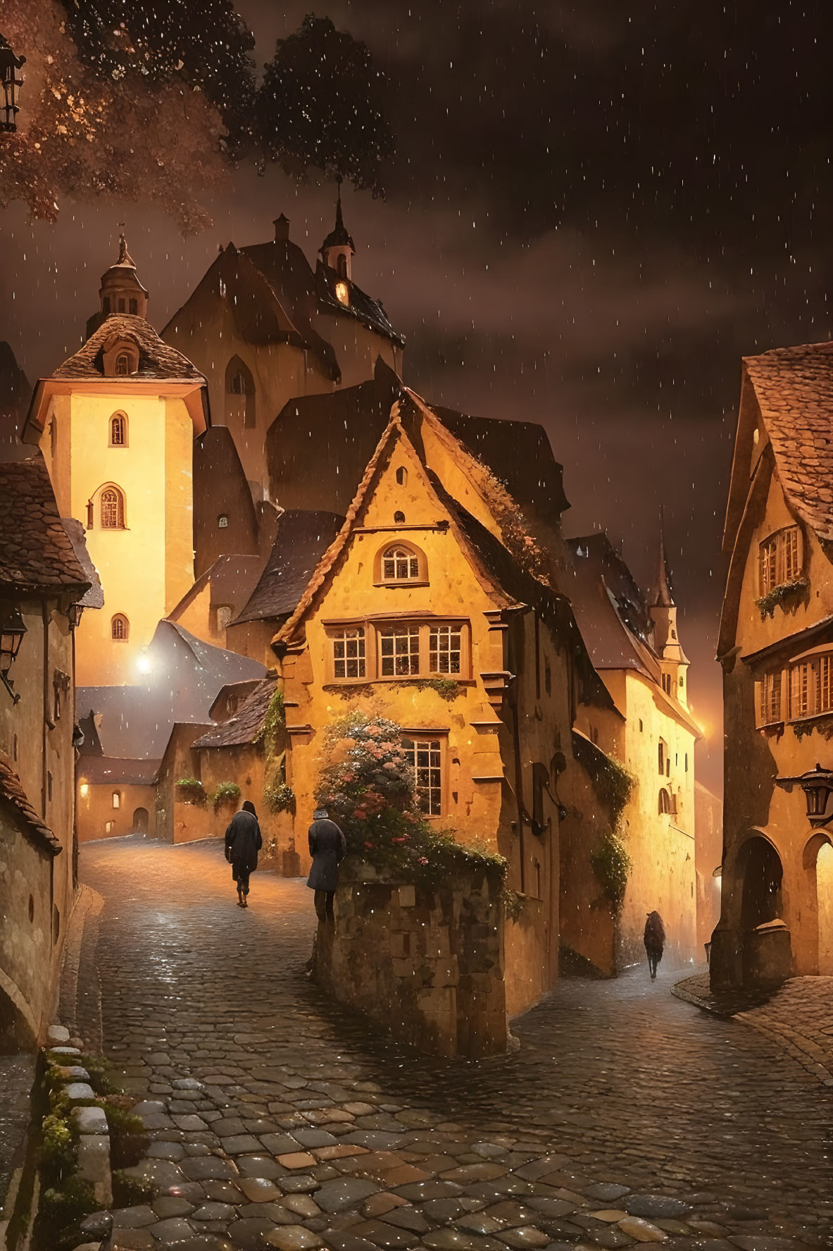 Cobblestone Street in European Town at Night