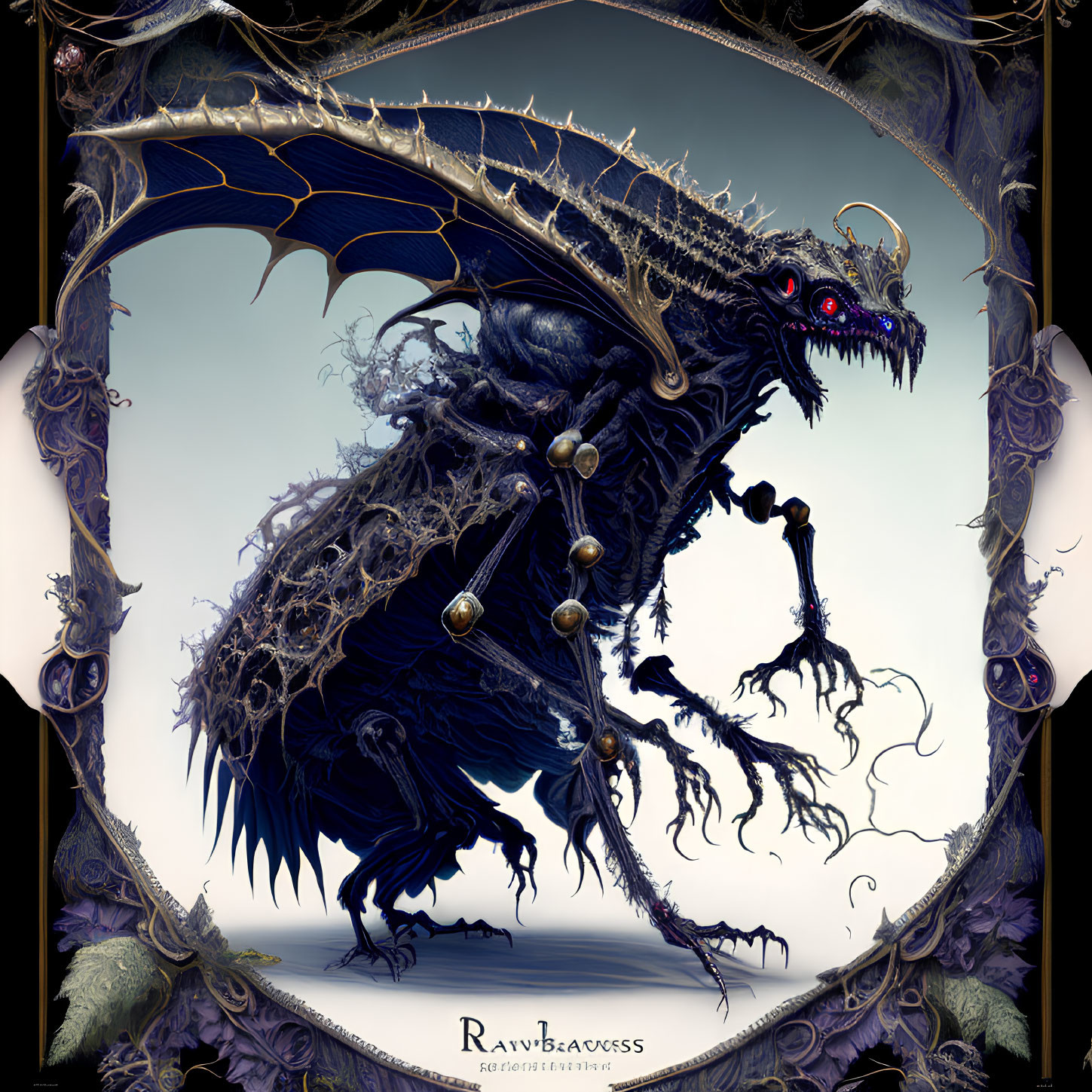 Fantastical creature with wings, glowing eyes, and tendrils against ornate frame