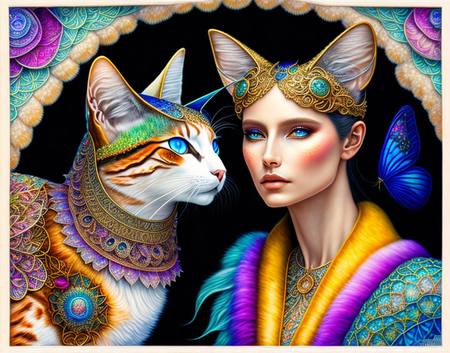 Colorful Artwork: Woman with Cat-Like Features and Adorned Cat alongside Butterfly