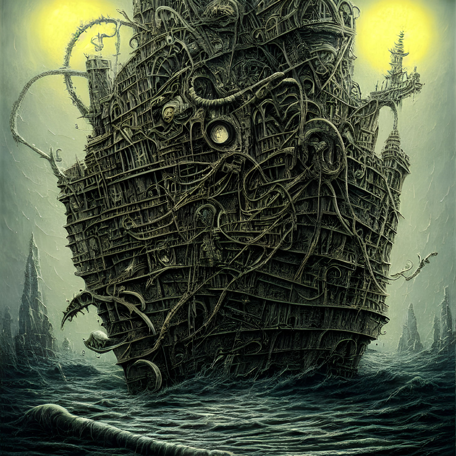 Gigantic ship with monstrous tentacles in misty waters