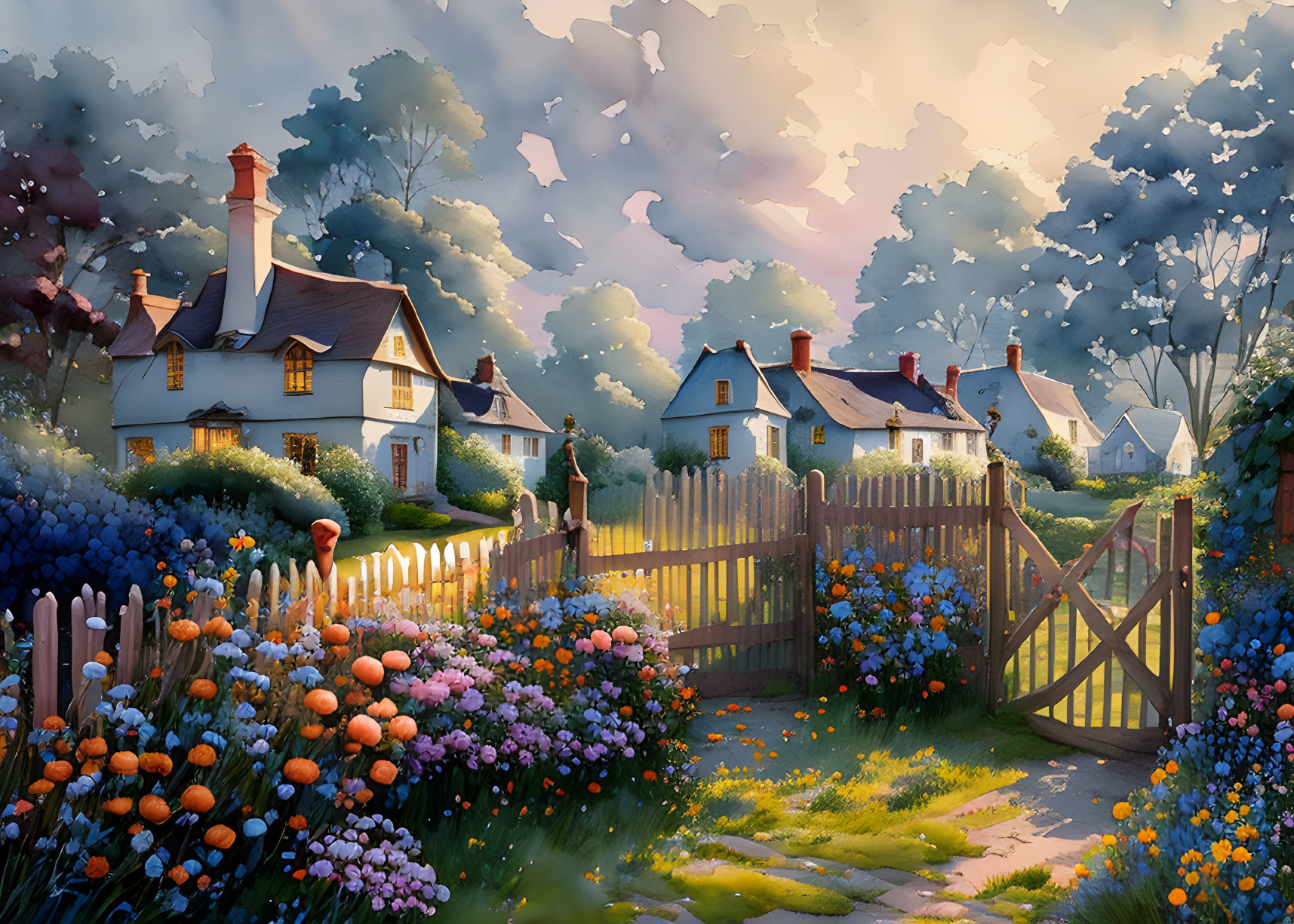 Tranquil village scene with cottages, gardens, gate, and golden hour light