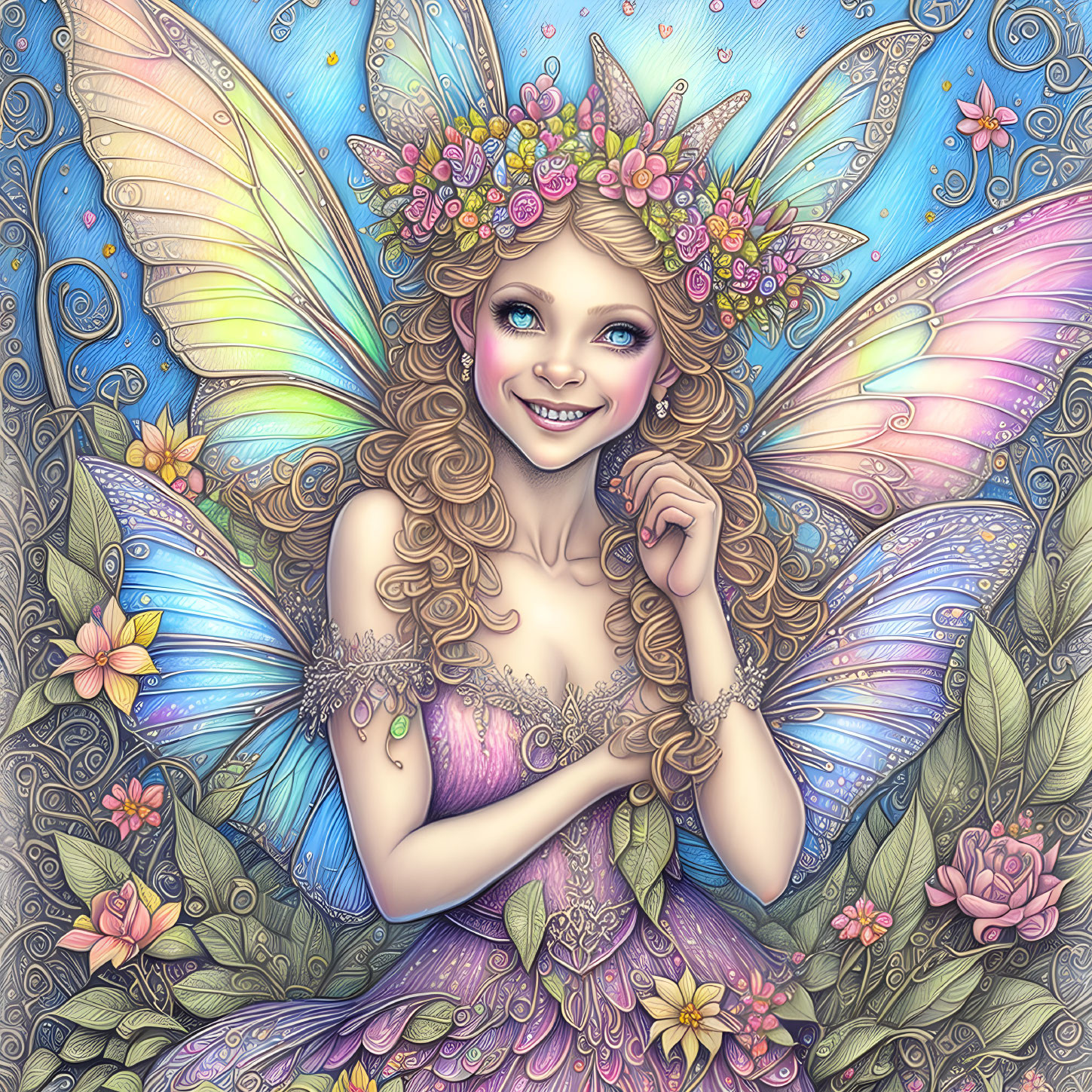 Colorful Smiling Fairy with Floral Crown and Ornate Wings