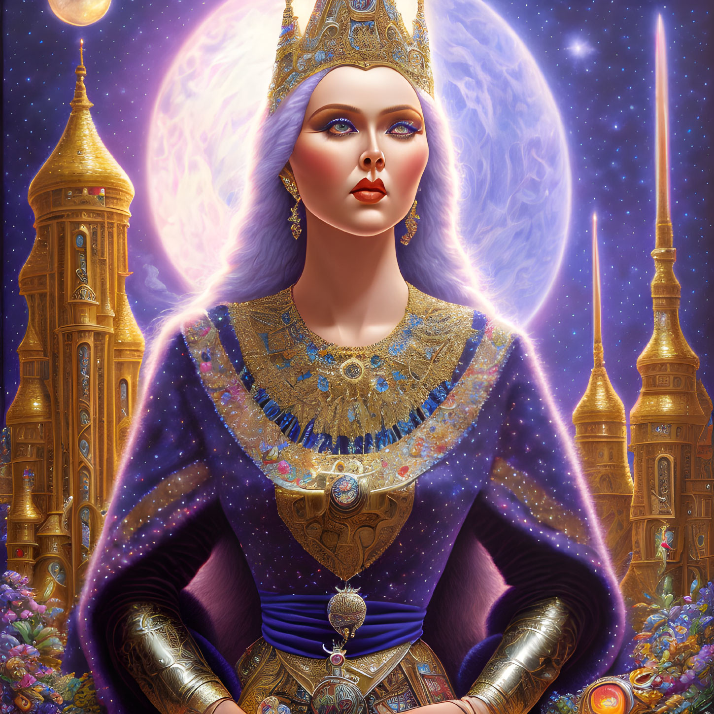 Regal figure with crown in front of fantastical castle under luminous moon