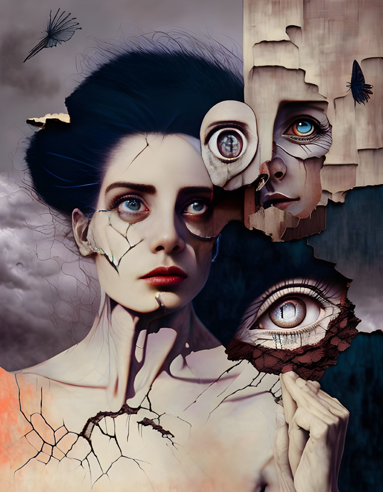 Surreal portrait of woman with fragmented face and stormy backdrop.