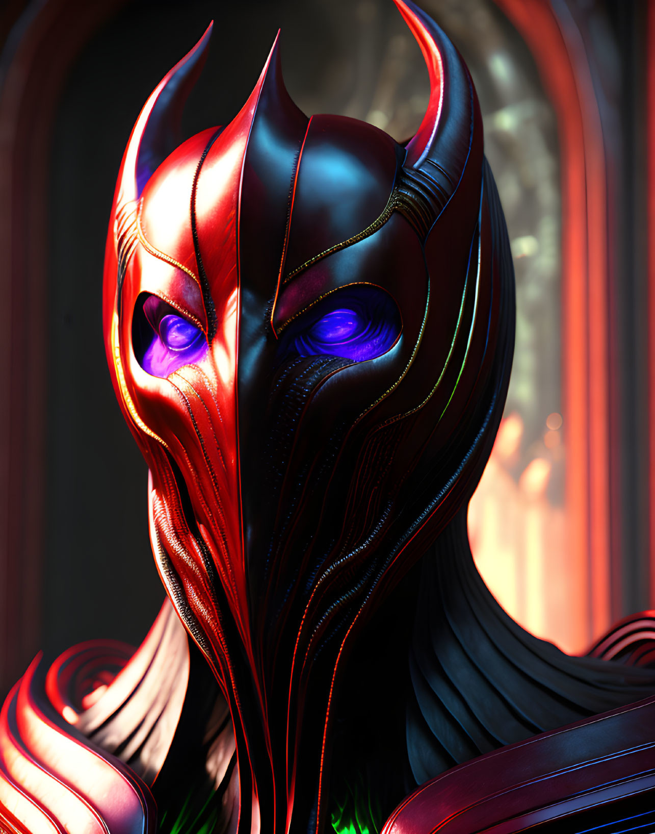 Detailed digital artwork: Character in red and black mask with glowing blue eyes and ornate patterns