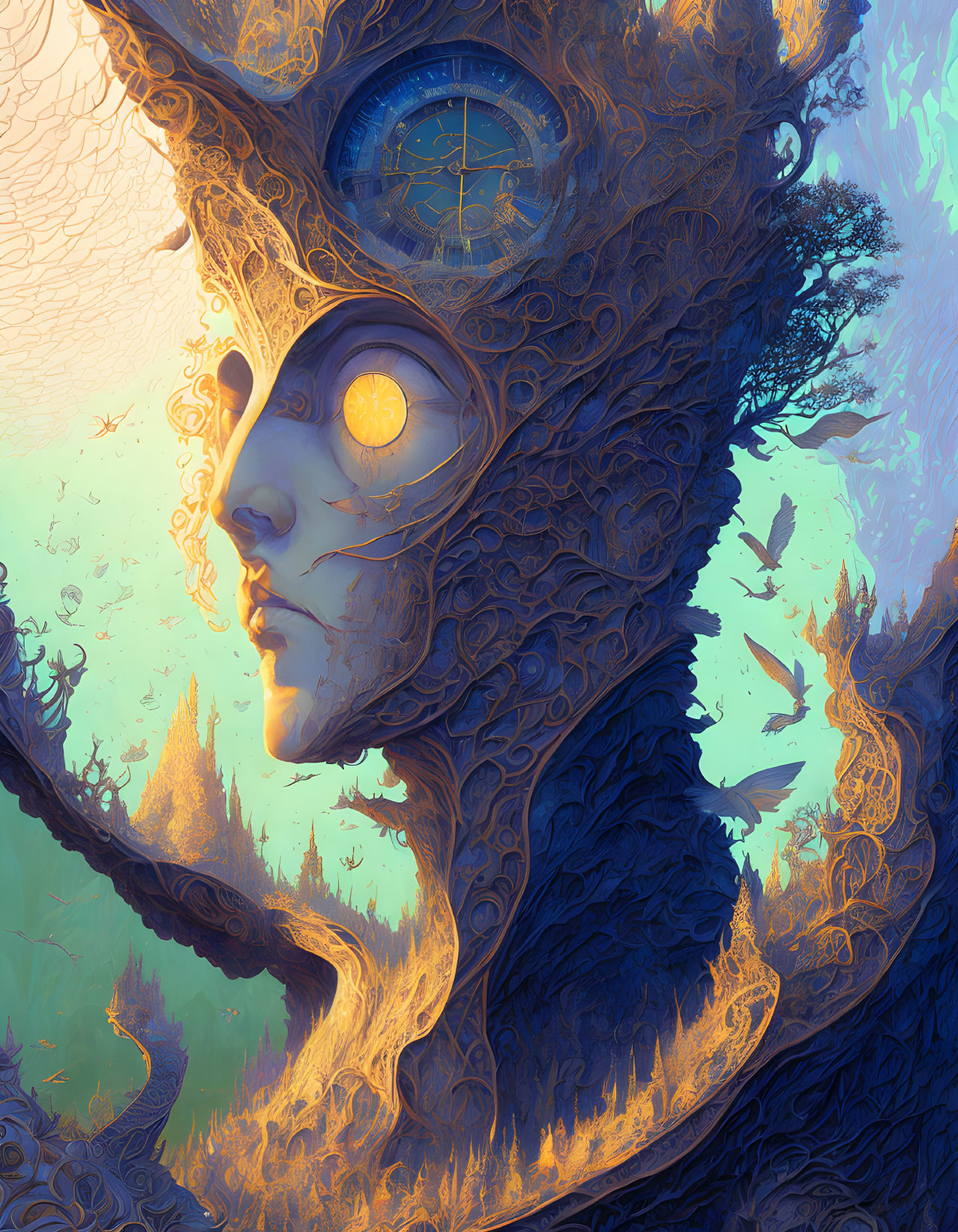 Surreal face illustration with tree-like textures and clock eyes on vibrant blue and gold palette