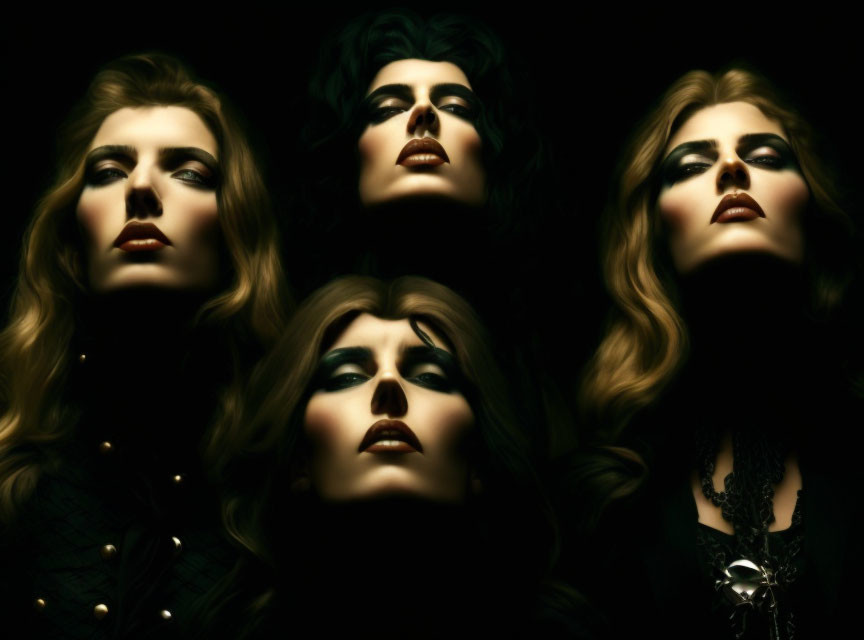 Four Female Faces with Dramatic Makeup on Dark Background