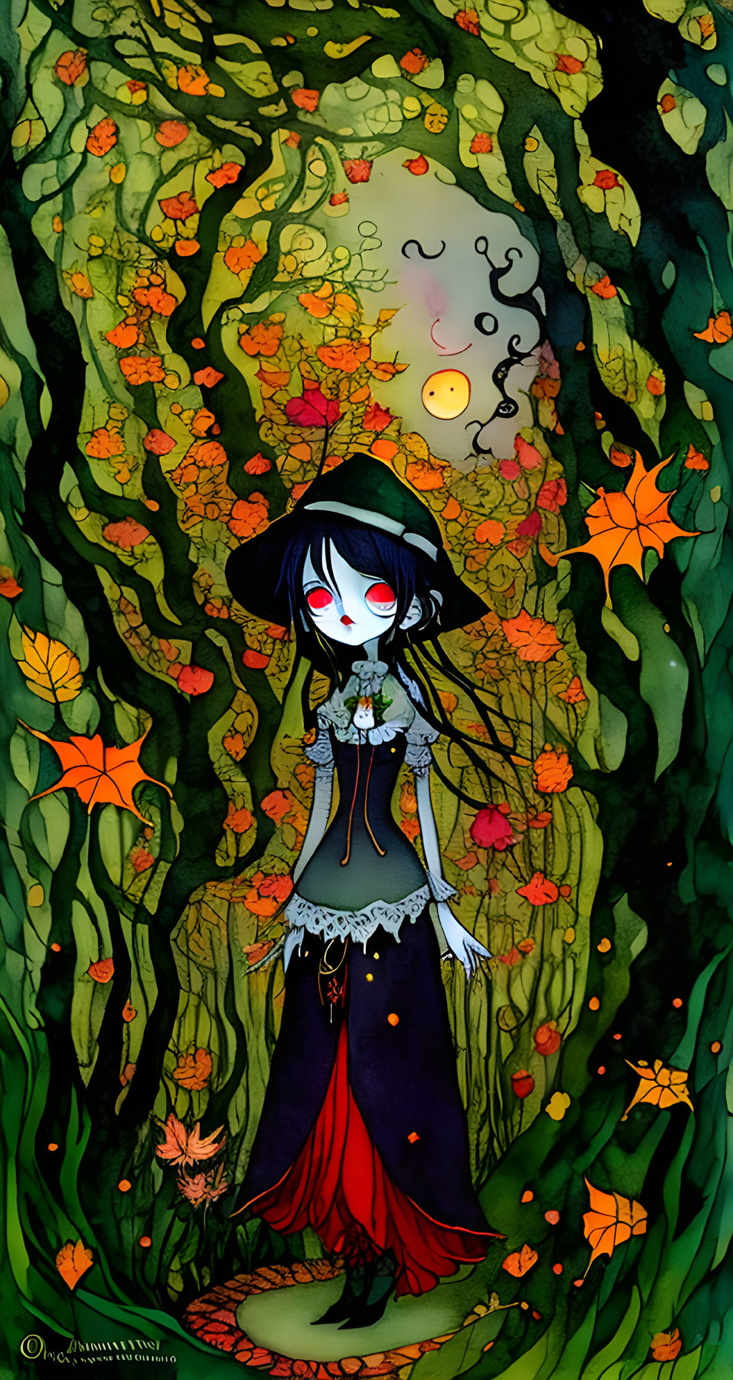 Dark-haired girl in gothic outfit surrounded by lush greenery and orange flowers under a luminous moon