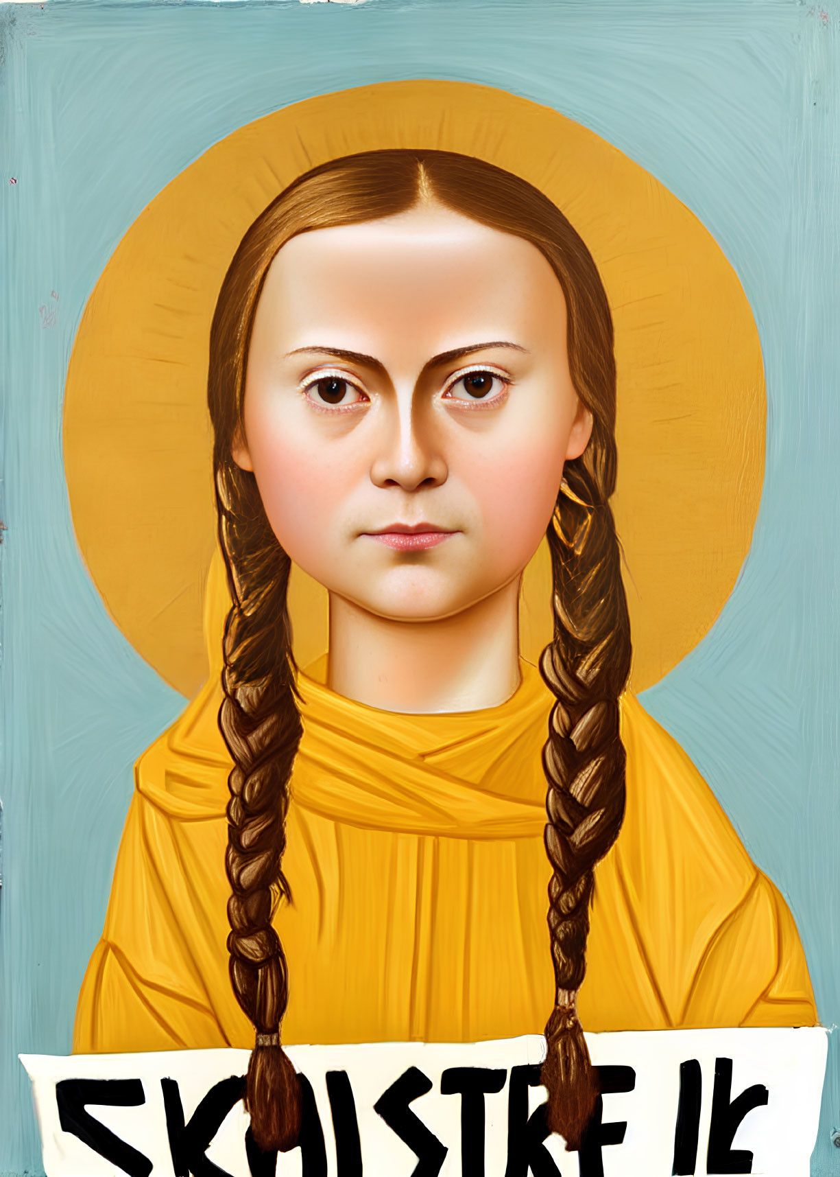 Young girl with braided hair in yellow garment holding "SKOLSTREJK" sign