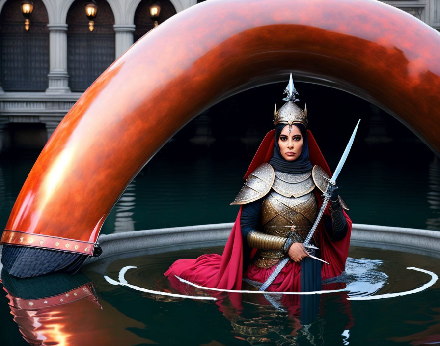 Regal woman in ornate armor holding a sword in boat under arched structure