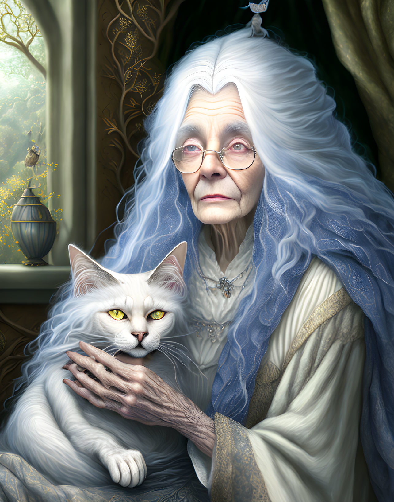 Elderly woman with white hair holding a cat by window with trees view