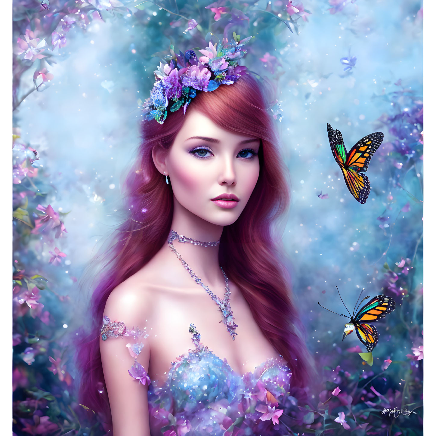 Digital artwork: Woman with red hair, flowers, butterflies in dreamy floral backdrop