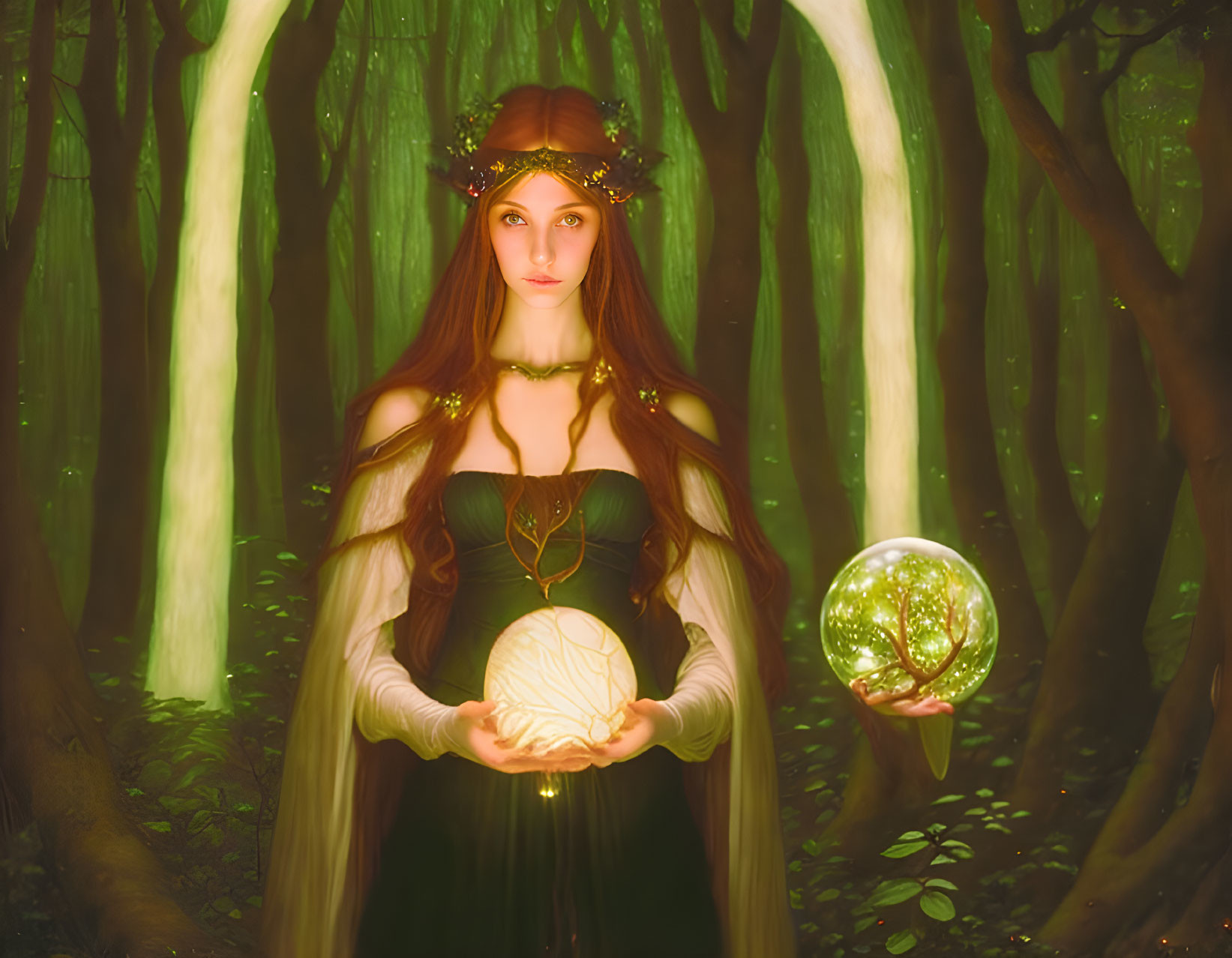 Enchanted forest scene with elf woman holding orb and staff