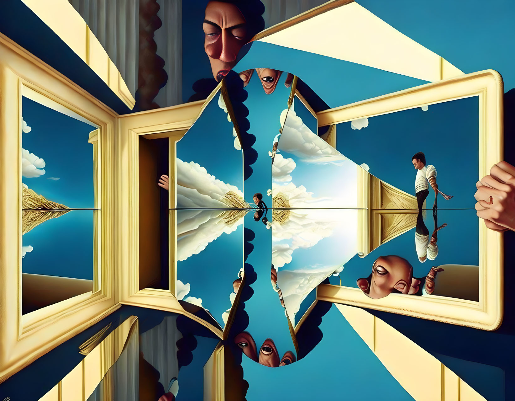 Surreal Artwork: Multiple Frames, Human Faces, Clouds, Man on Rope