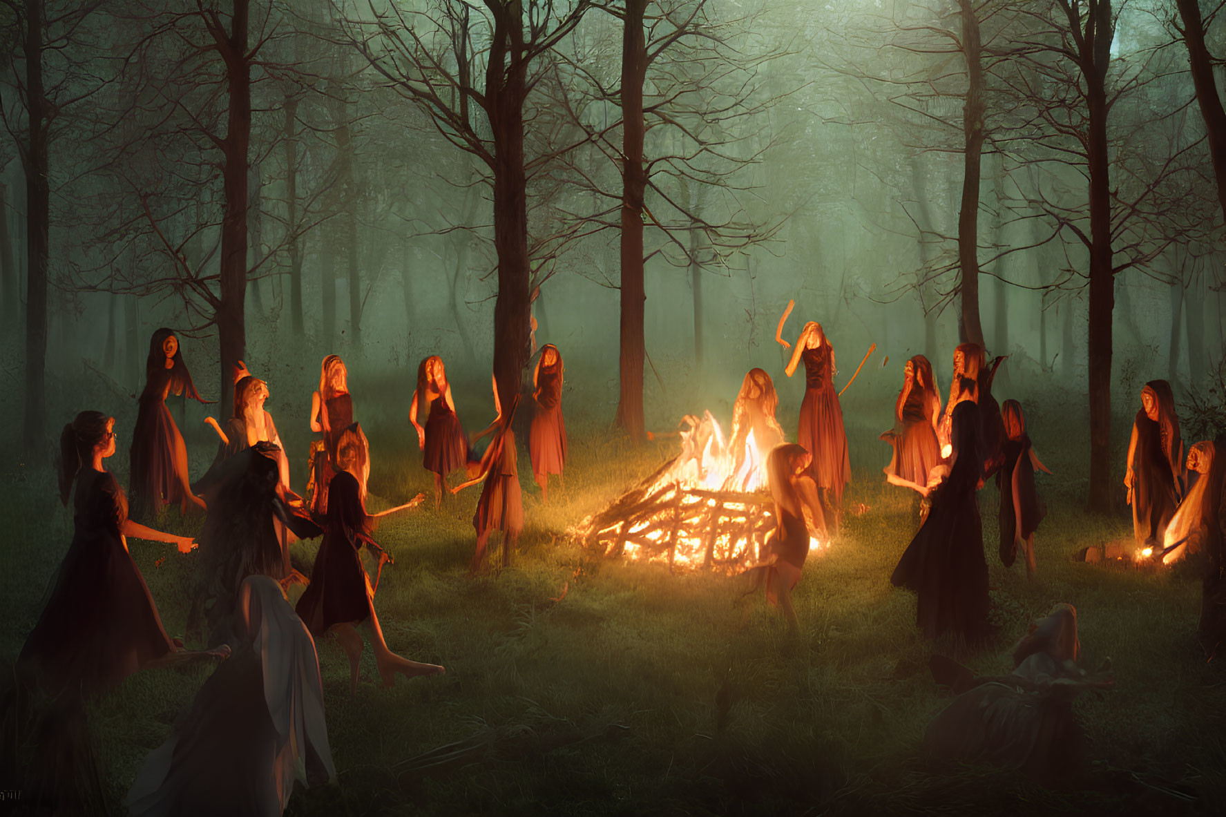 Group of people around large bonfire in misty forest setting