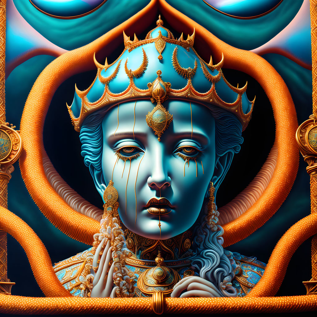 Blue-skinned figure with four arms and gold crown in intricate digital art.