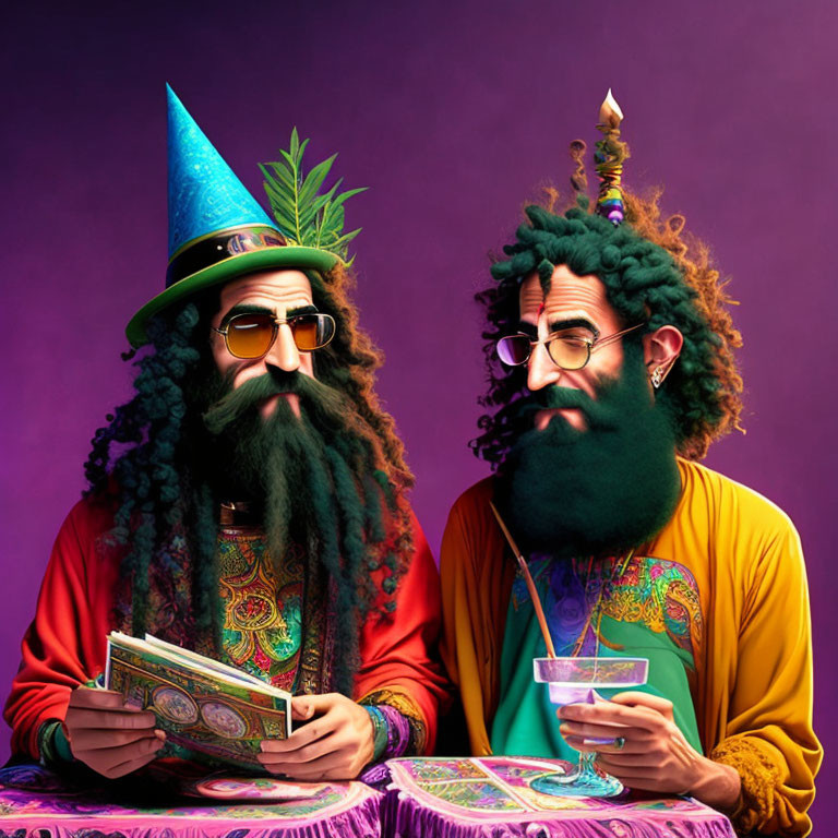 Exaggerated beards, wizard hat, cocktail - Vibrant individuals on purple background