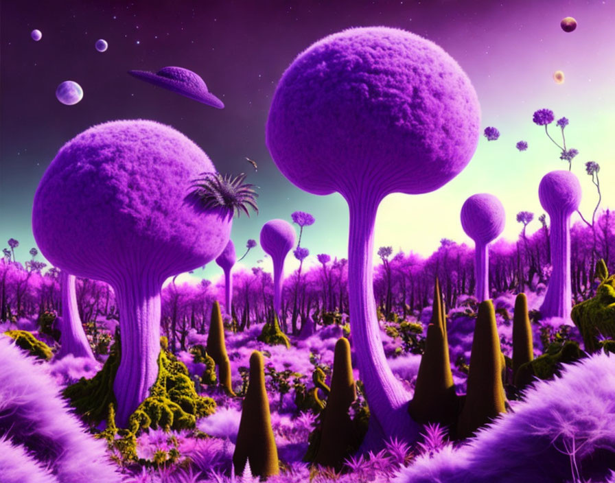 Surreal landscape with towering trees, fluffy grass, and fantastical planets.