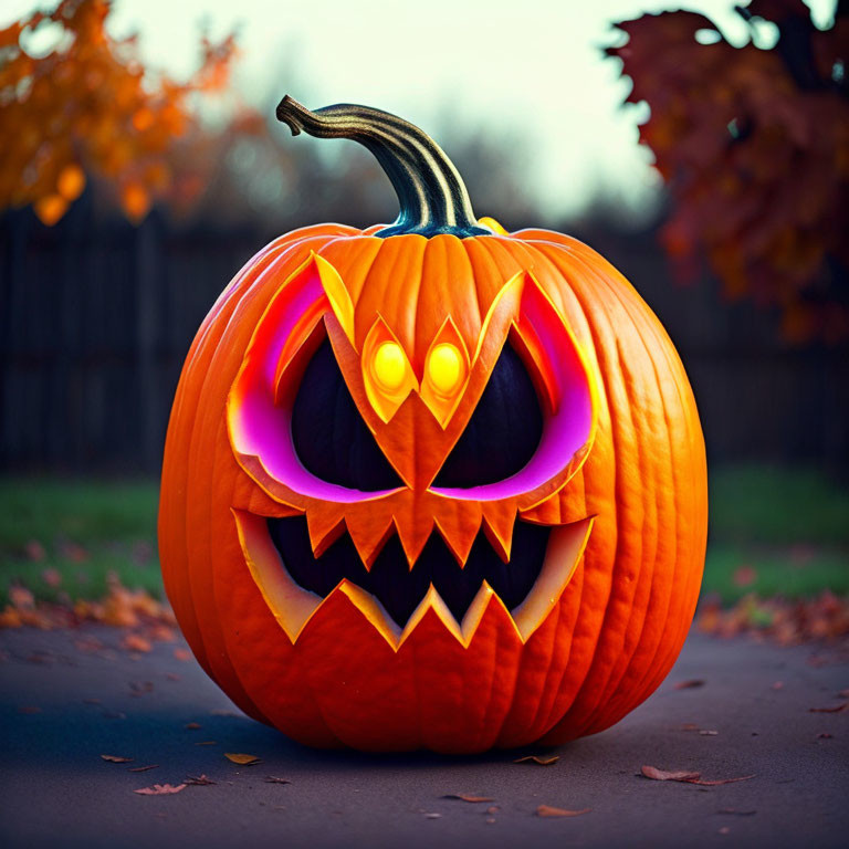 Menacing face carved pumpkin with autumn leaves background