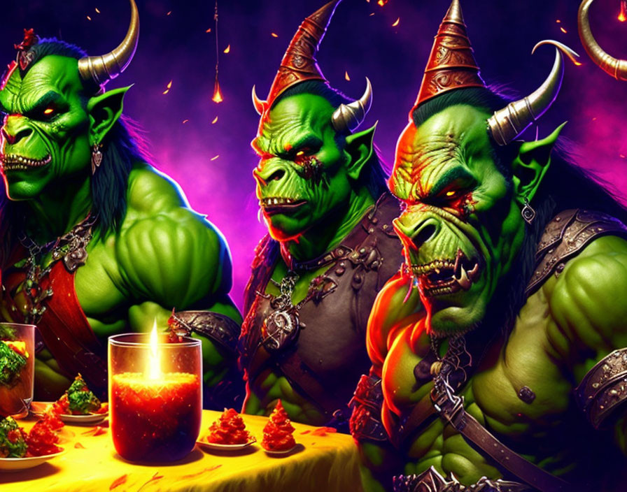 Muscular green orcs with horns and piercings at colorful feast on vibrant purple background