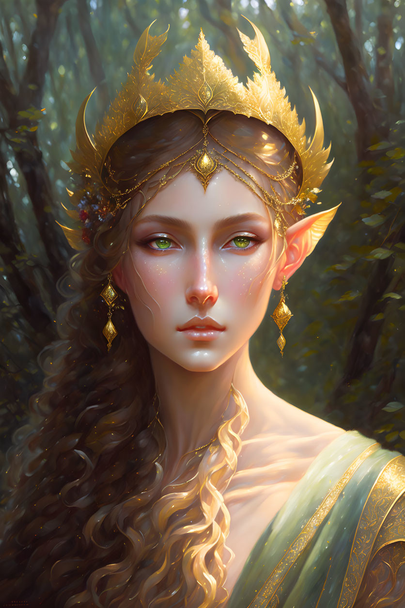 Ethereal figure with pointed ears, green eyes, golden crown in sun-dappled woodland