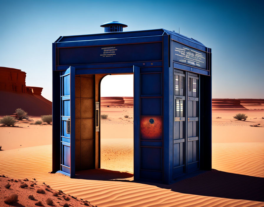 Blue police box in desert with open door surrounded by red sand dunes