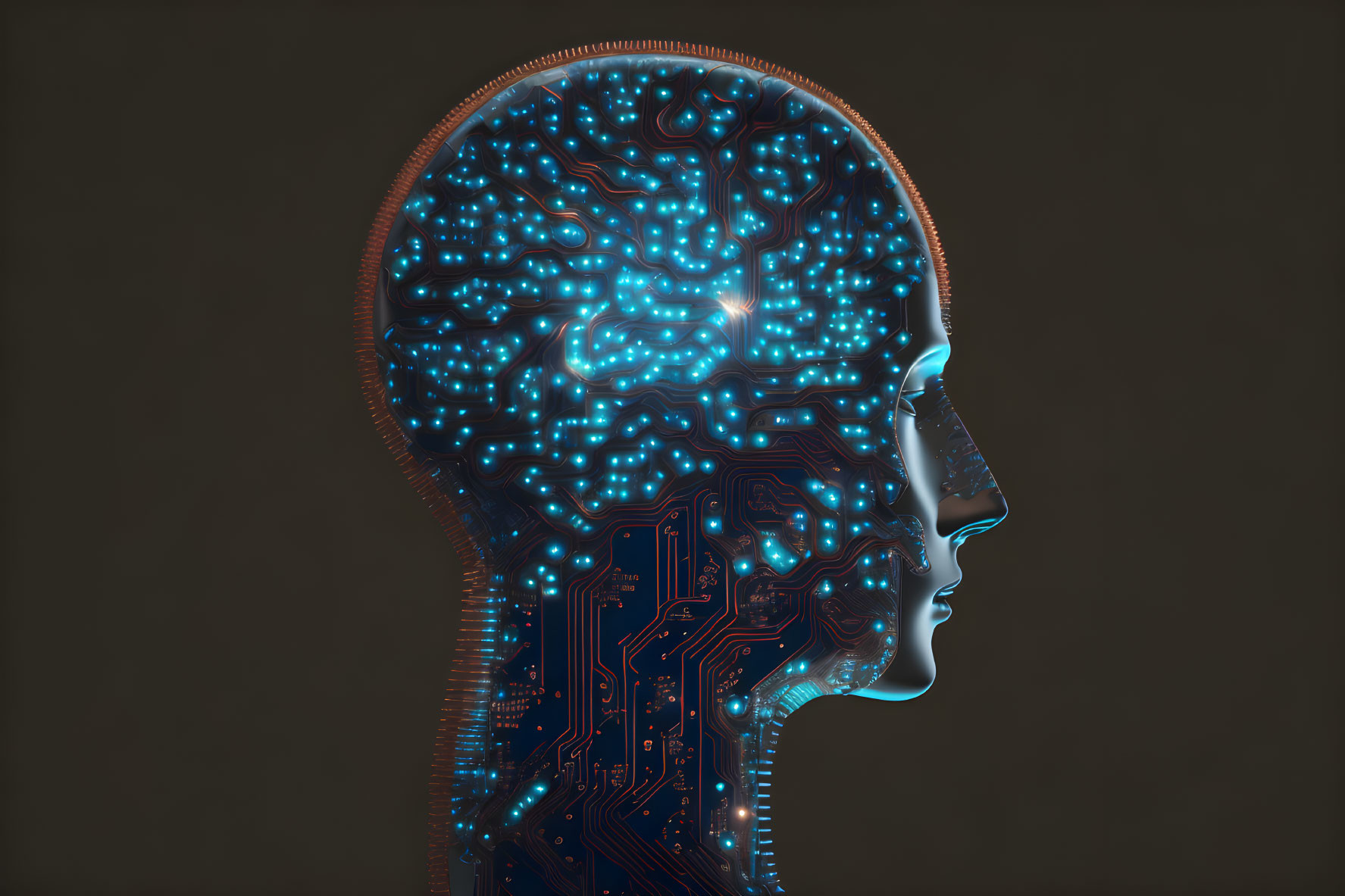 Human head silhouette with glowing blue circuit lines symbolizing advanced technology