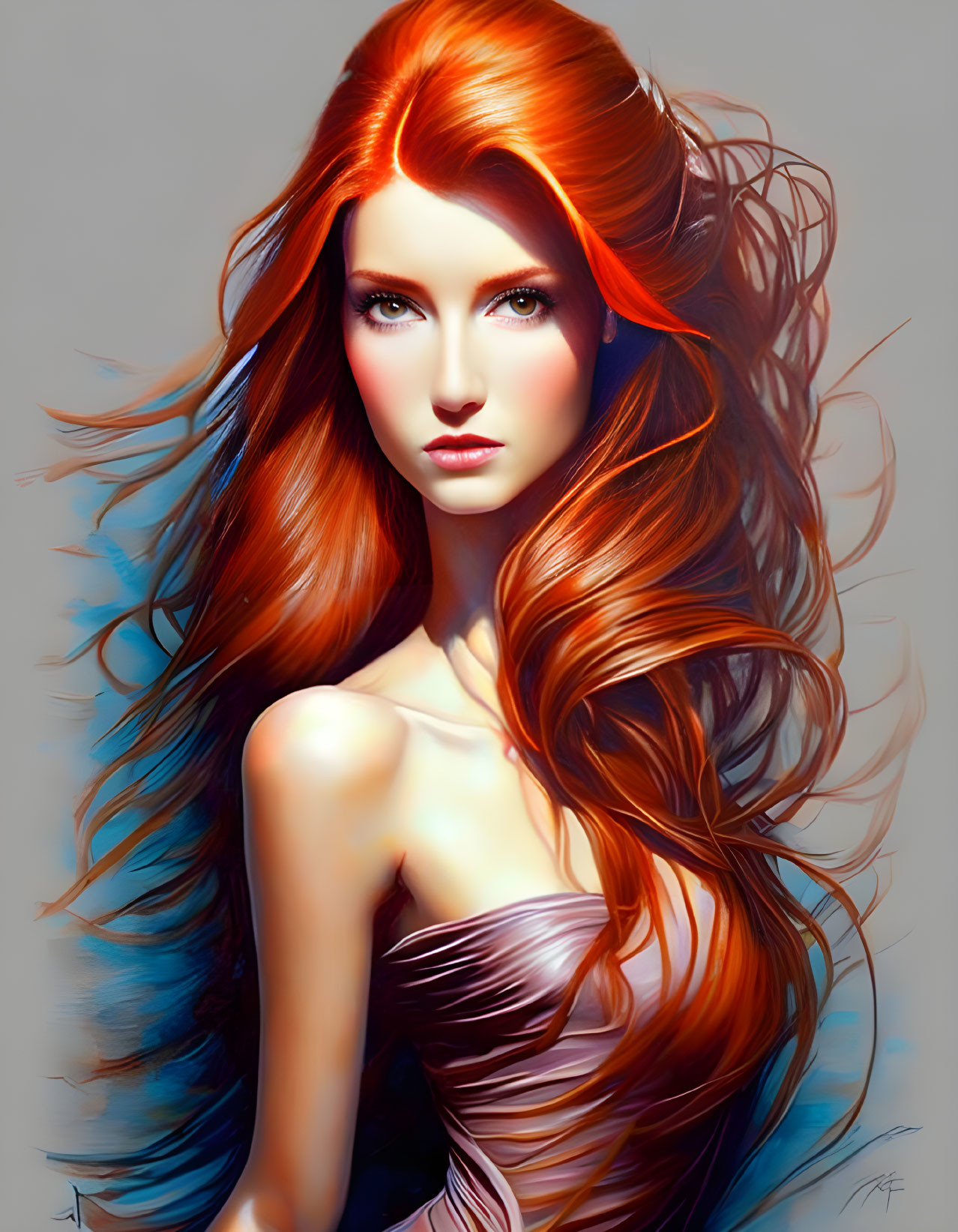 Illustration: Woman with Red Hair, Blue Eyes, Purple Dress