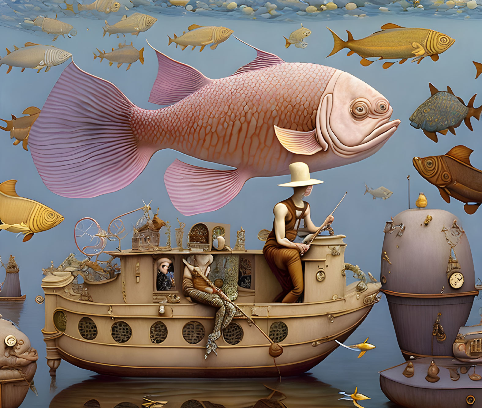 Surreal image: oversized fish floating above man fishing from whimsical ship