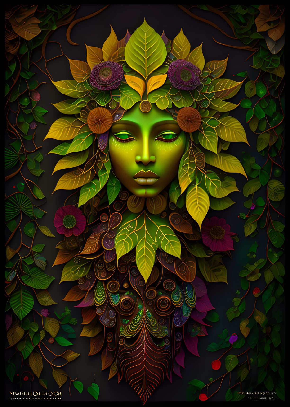 Illustration of woman's face with leafy hair, flowers, and peacock feathers as nature goddess