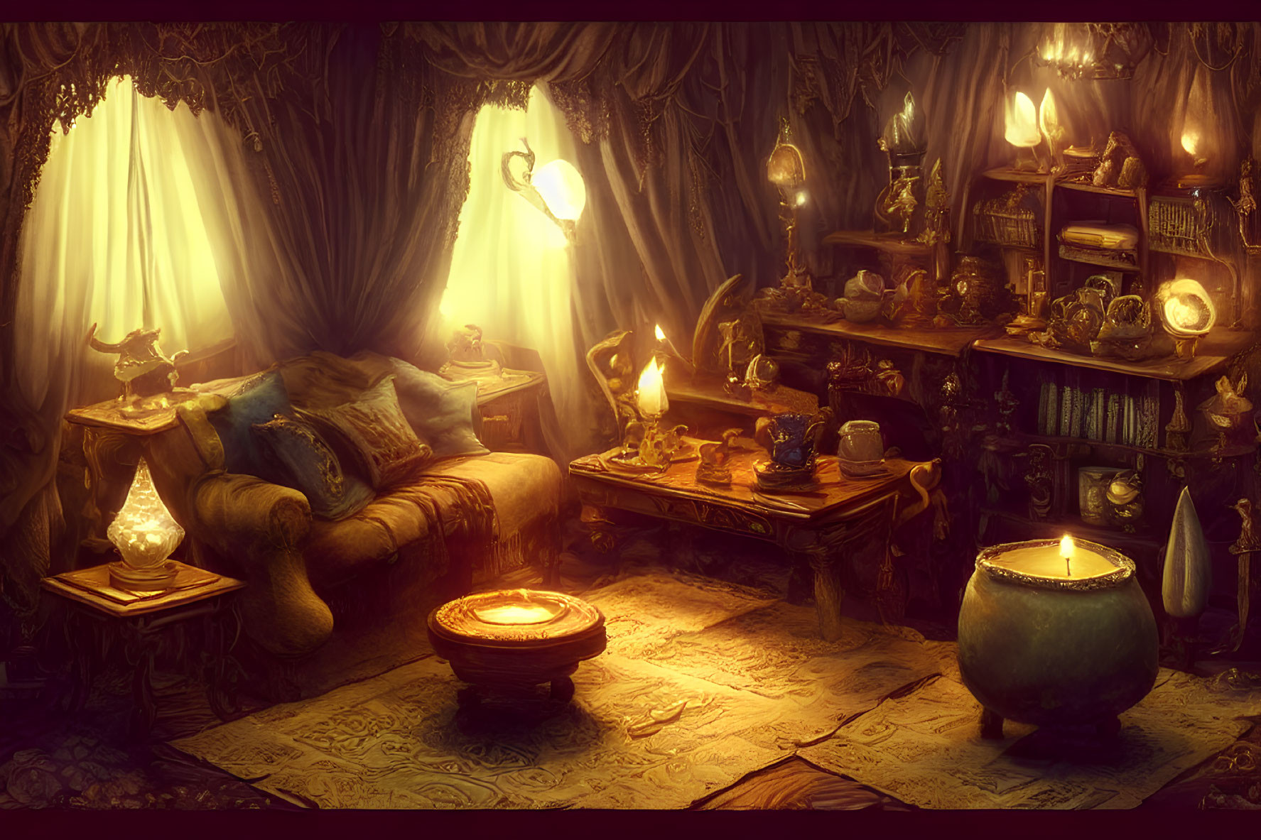 Magical cozy room with candles, plush furniture, cauldron, and shelves