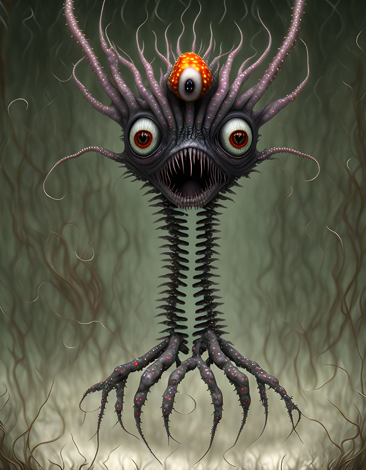 Fantastical creature with multiple eyes and tentacles on spine-lined body