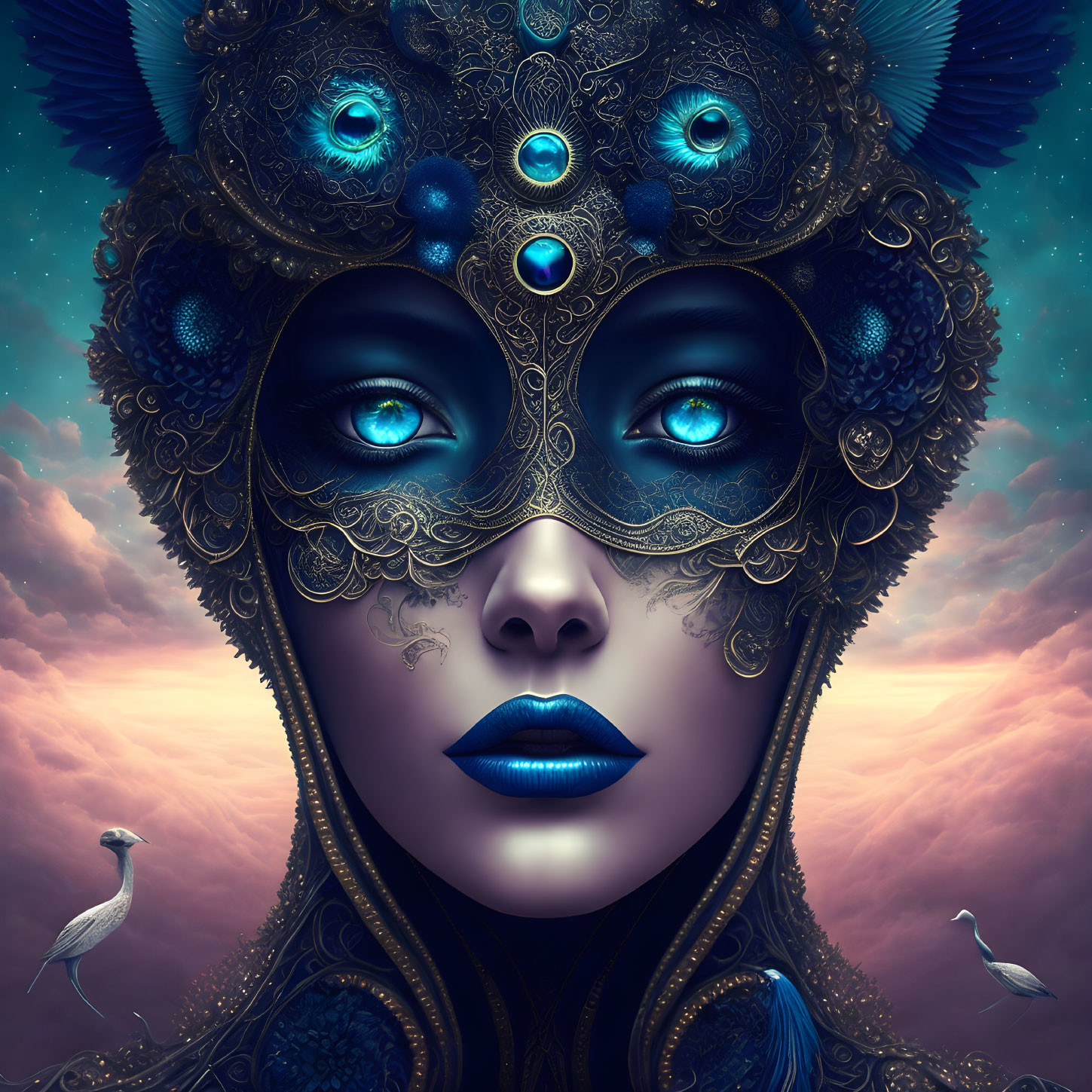 Surreal portrait of a woman with vibrant blue eyes and ornate headpiece against twilight sky