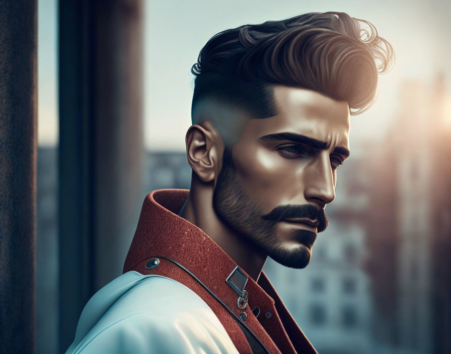 Stylish man with sculpted beard in leather jacket and modern hairstyle