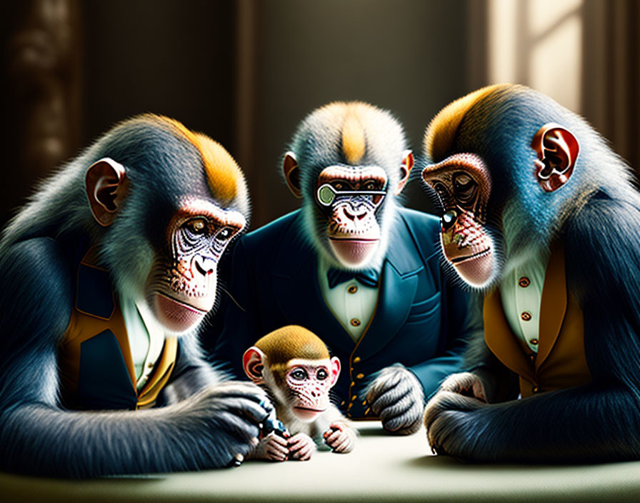 Stylized mandrills in suits gather around baby mandrill with toy in dramatic chiarosc